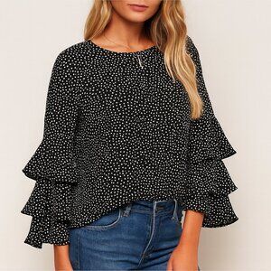 Molly Bracken Polka Dot Ruffle Sleeve Boho Chic Blouse Black White Feminine M